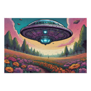 Flying UFOs Over Flower Field Landscape Poster