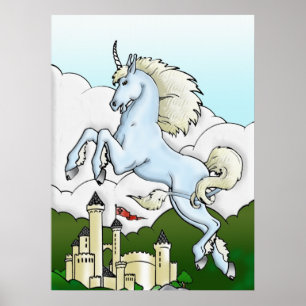 Flying Unicorn & Castle Fantasy Art Poster