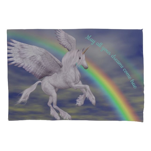 Flying Unicorn Over Rainbow Dreams Fantasy Horse  Pillow Case (Front)