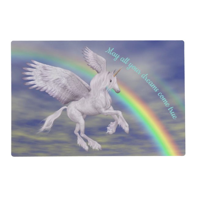 Flying Unicorn Over Rainbow Dreams Fantasy Horse  Placemat (Front)