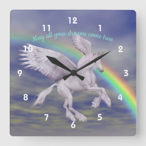 Flying Unicorn Over Rainbow Dreams Fantasy Horse  Square Wall Clock