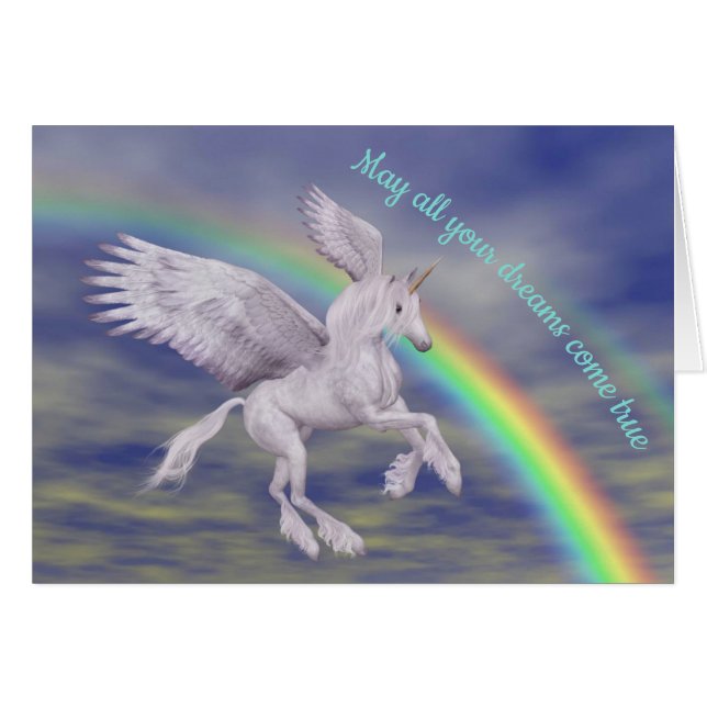 Flying Unicorn Over Rainbow Dreams Inspirational Cards (Front Horizontal)