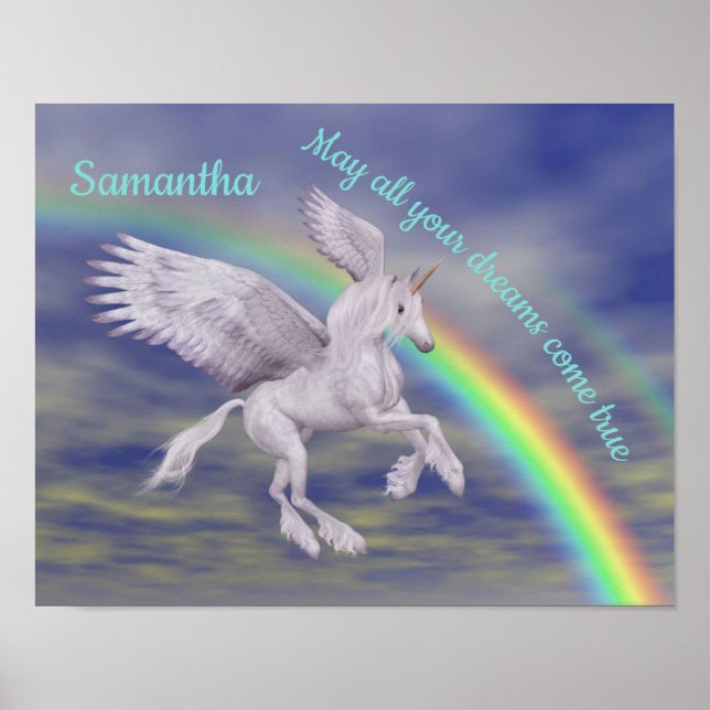 Flying Unicorn Over Rainbow Dreams Personalized Poster (Front)
