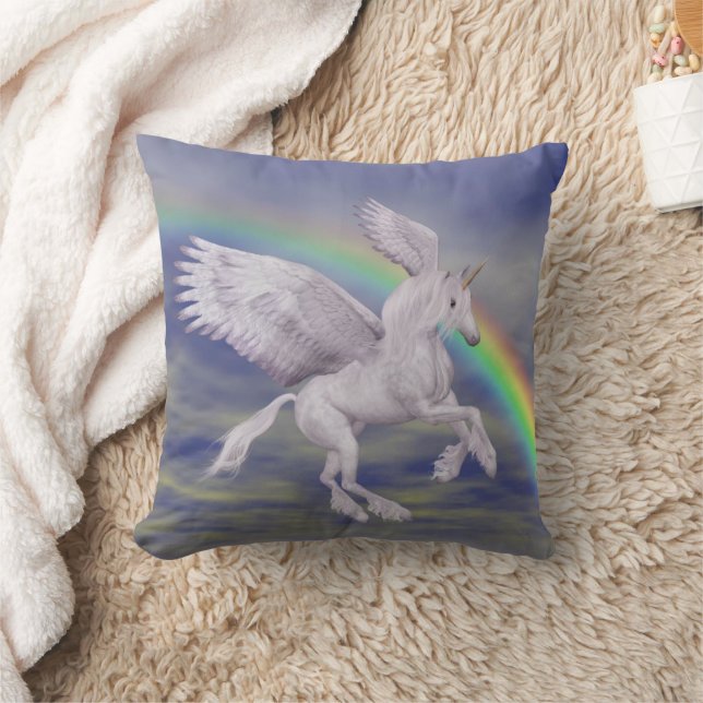 Flying Unicorn Rainbow Fantasy Art Throw Pillow (Blanket)
