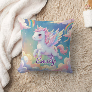 Flying Unicorn Rainbow Wings – Editable Name Throw Pillow