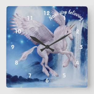 Flying Unicorn Waterfall Believe Inspirational Square Wall Clock