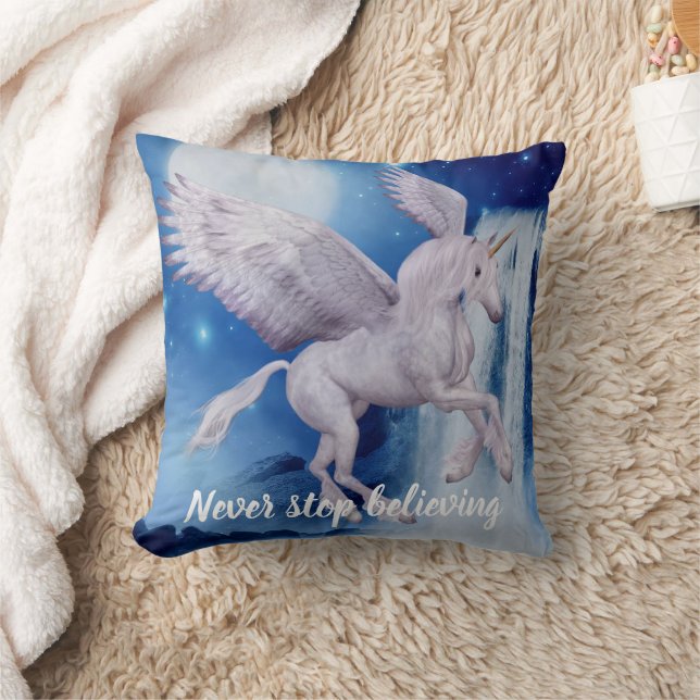 Flying Unicorn Waterfall Believe Inspirational Throw Pillow (Blanket)