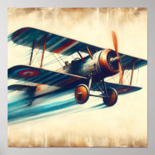Flying Vintage Classic Biplane Oil Painting Poster