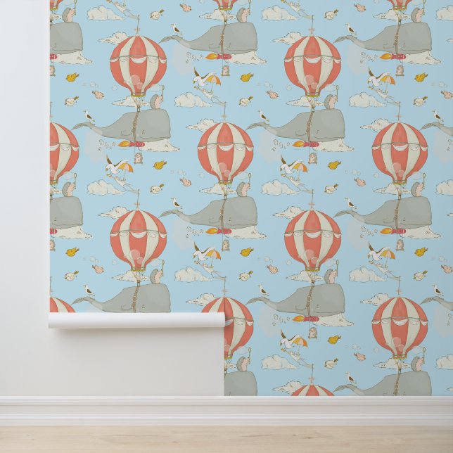 Flying Whale and whimsical Animals light blue Wallpaper (Application)