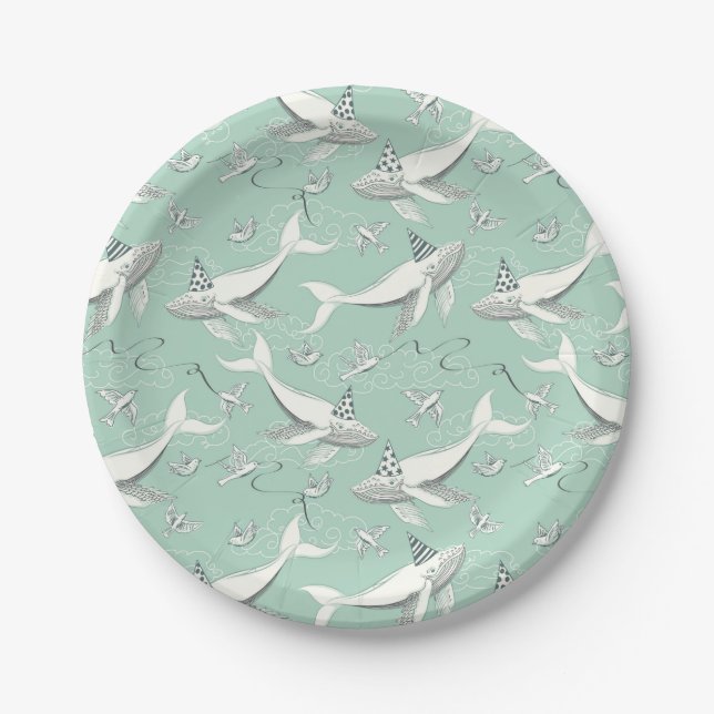 Flying Whale Birthday Party Pattern Paper Plates (Front)