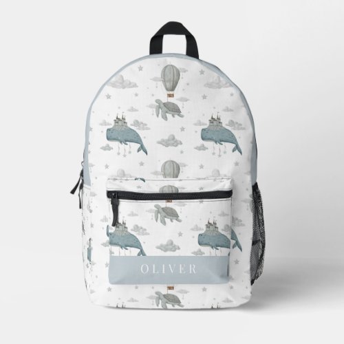 Flying Whale  Sea Turtle Hot Air Balloon Sky Blue Printed Backpack