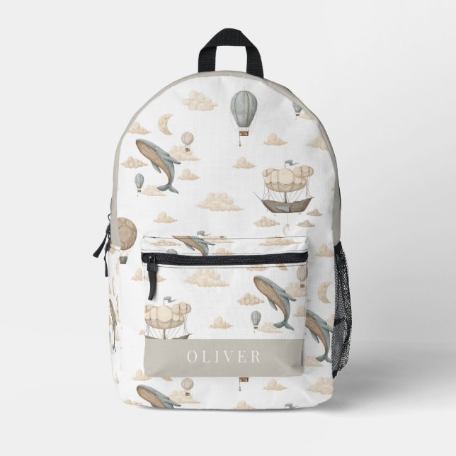 Flying Whale Ship Hot Air Balloon Beige Printed Backpack (Front)