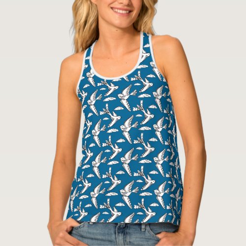 Flying whimsical birds graphic custom color tank top