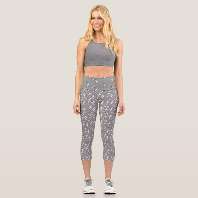 Flying whimsical birds patterned gray capri leggings (Front)
