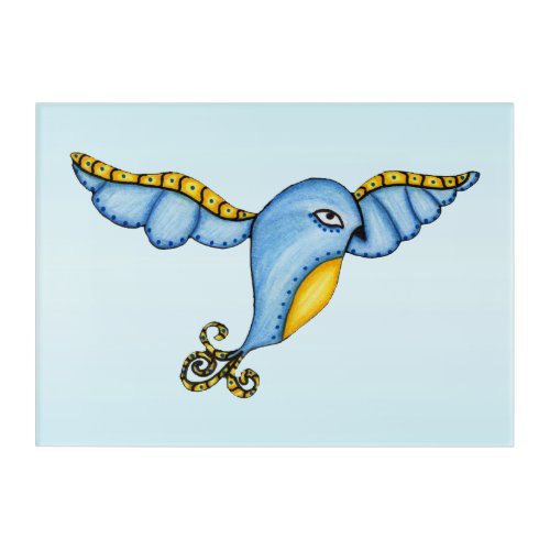 Flying Whimsical Blue Yellow Bird Scroll Tail Acrylic Print