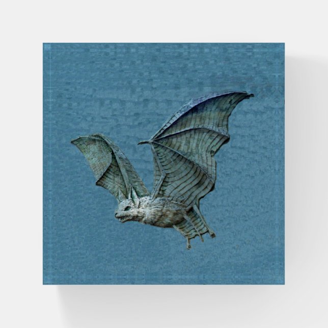 Flying White Faced Spooky Blue Bat Paperweight (Front)
