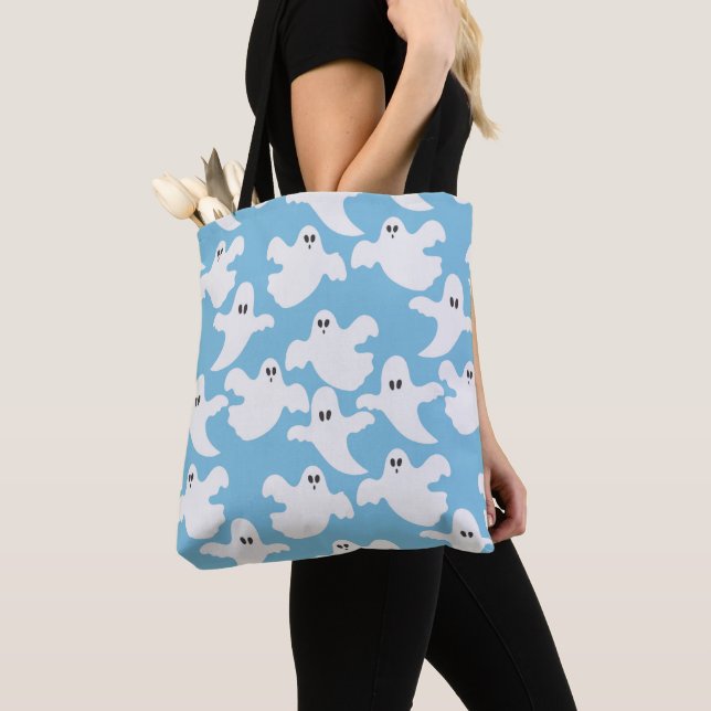 Flying White Ghosts Light Blue Halloween Tote Bag (Close Up)