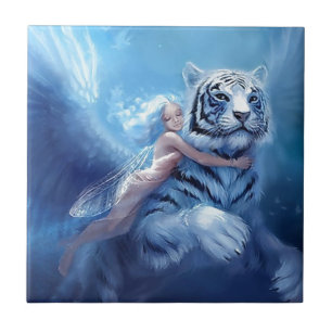 Flying White Tiger With Angel Ceramic Tile