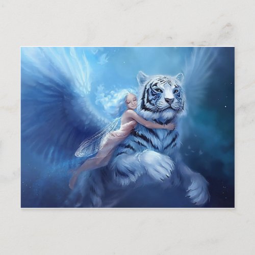 Flying White Tiger With Angel Postcard