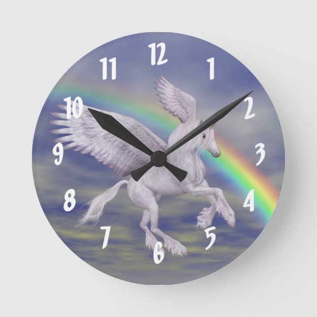 Flying White Unicorn And Rainbow Round Clock (Front)
