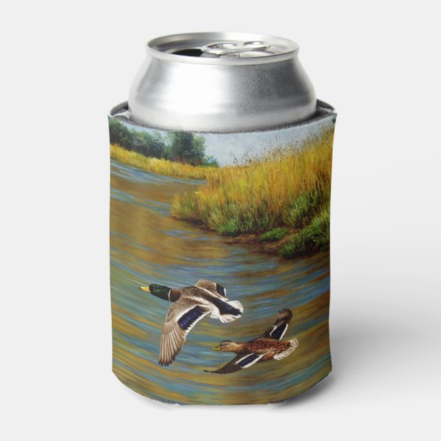 Flying Wild Ducks Charcoal Gray Can Cooler (Can Front)