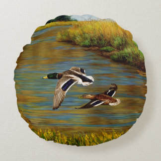 Flying Wild Ducks Charcoal Gray Round Pillow