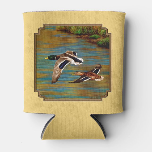 Flying Wild Ducks Yellow Can Cooler (Front)