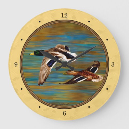 Flying Wild Ducks Yellow Large Clock