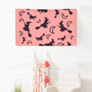 Flying witch among half moon at Halloween night 3D Banner