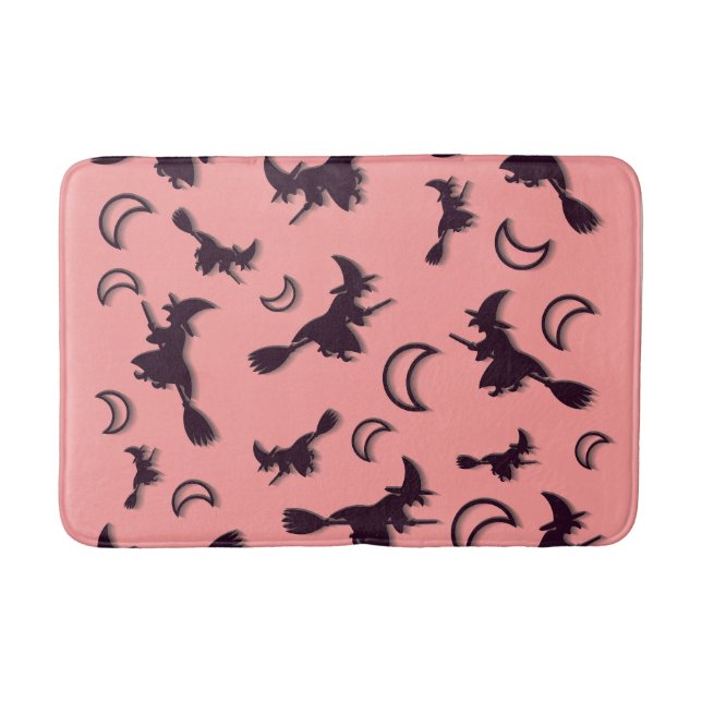 Flying witch among half moon at Halloween night 3D Bath Mat (Front)