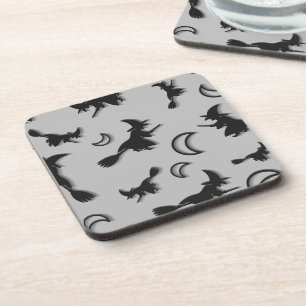 Flying witch among half moon at Halloween night 3D Beverage Coaster