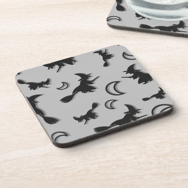 Flying witch among half moon at Halloween night 3D Beverage Coaster (Left Side)