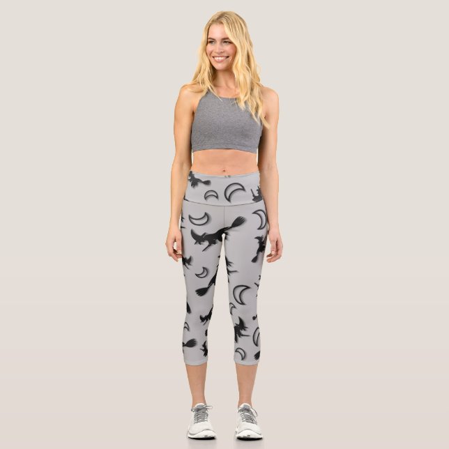 Flying witch among half moon at Halloween night 3D Capri Leggings (Front)