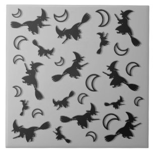 Flying witch among half moon at Halloween night 3D Ceramic Tile