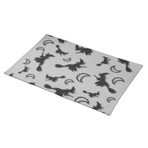 Flying witch among half moon at Halloween night 3D Cloth Placemat