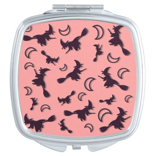 Flying witch among half moon at Halloween night 3D Compact Mirror