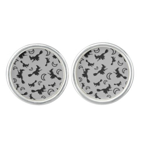 Flying witch among half moon at Halloween night 3D Cufflinks