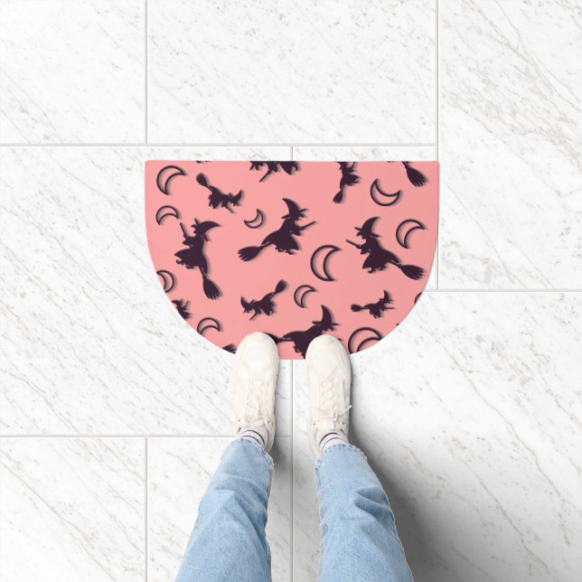 Flying witch among half moon at Halloween night 3D Doormat (Indoor)