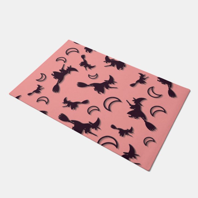 Flying witch among half moon at Halloween night 3D Doormat (Angled)