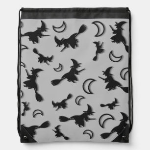 Flying witch among half moon at Halloween night 3D Drawstring Bag
