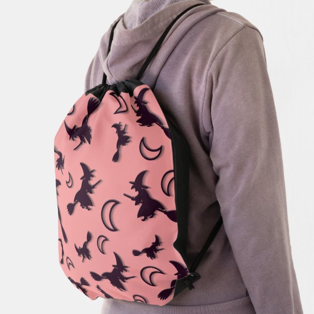 Flying witch among half moon at Halloween night 3D Drawstring Bag (Insitu)