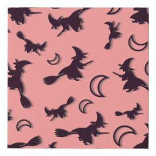 Flying witch among half moon at Halloween night 3D Faux Canvas Print