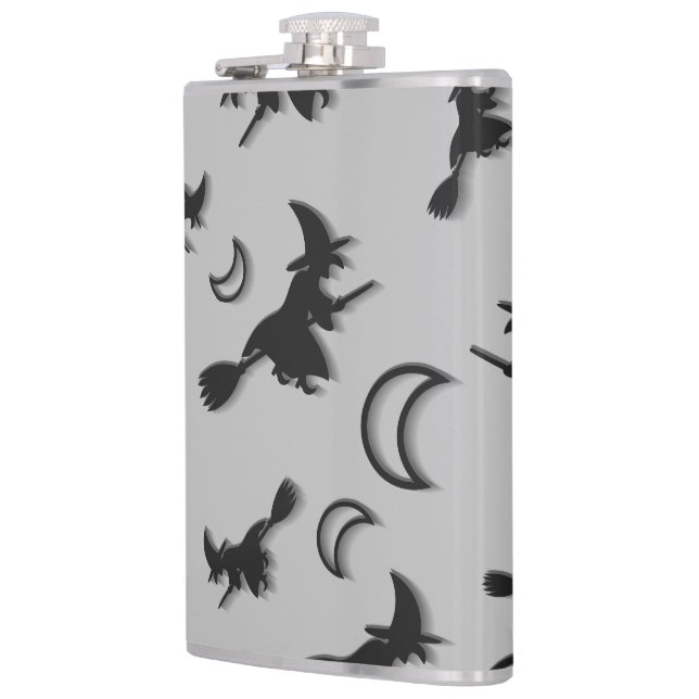 Flying witch among half moon at Halloween night 3D Flask (Left)