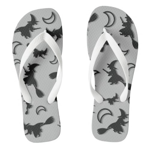 Flying witch among half moon at Halloween night 3D Flip Flops