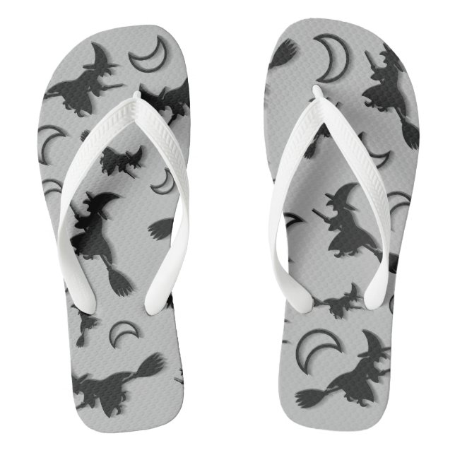 Flying witch among half moon at Halloween night 3D Flip Flops (Footbed)