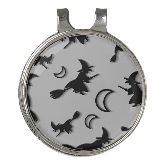 Flying witch among half moon at Halloween night 3D Golf Hat Clip (Front)