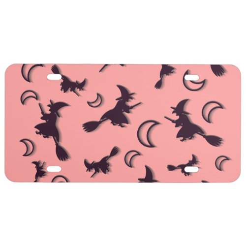 Flying witch among half moon at Halloween night 3D License Plate