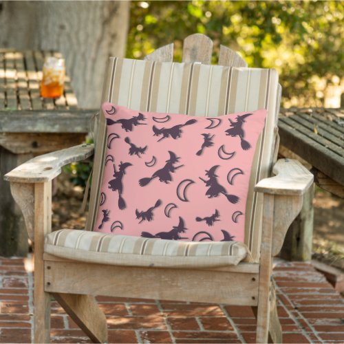 Flying witch among half moon at Halloween night 3D Outdoor Pillow