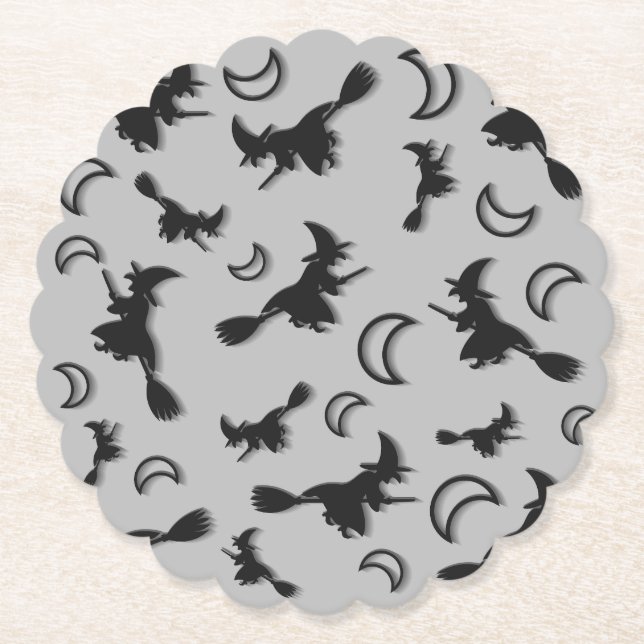 Flying witch among half moon at Halloween night 3D Paper Coaster (Front)