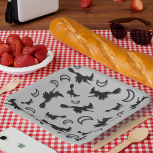 Flying witch among half moon at Halloween night 3D Paper Plates